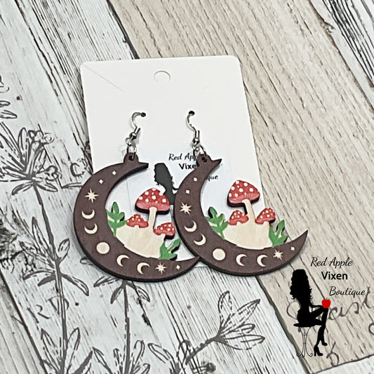 Wooden Moon and Mushroom Earrings - Sassy Chick Clothing