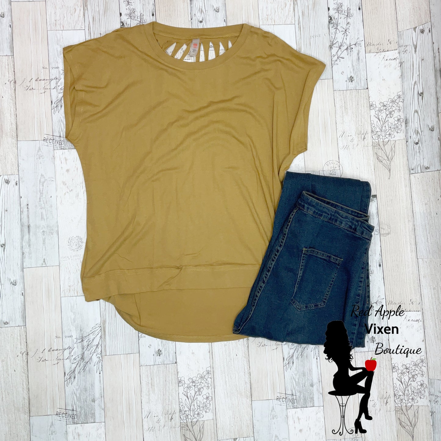 Webbed Cut Out Top Mustard - Sassy Chick Clothing