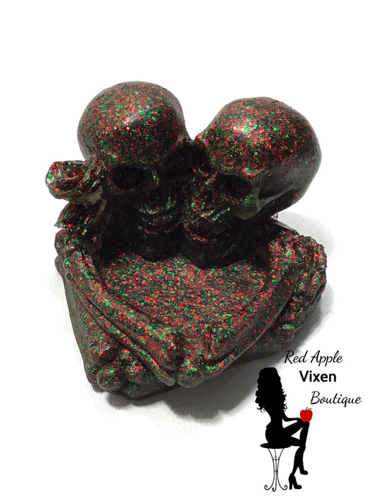 Green and Red Heavily Glitter Skull Tea Light Holder - Red Apple Vixen Boutique