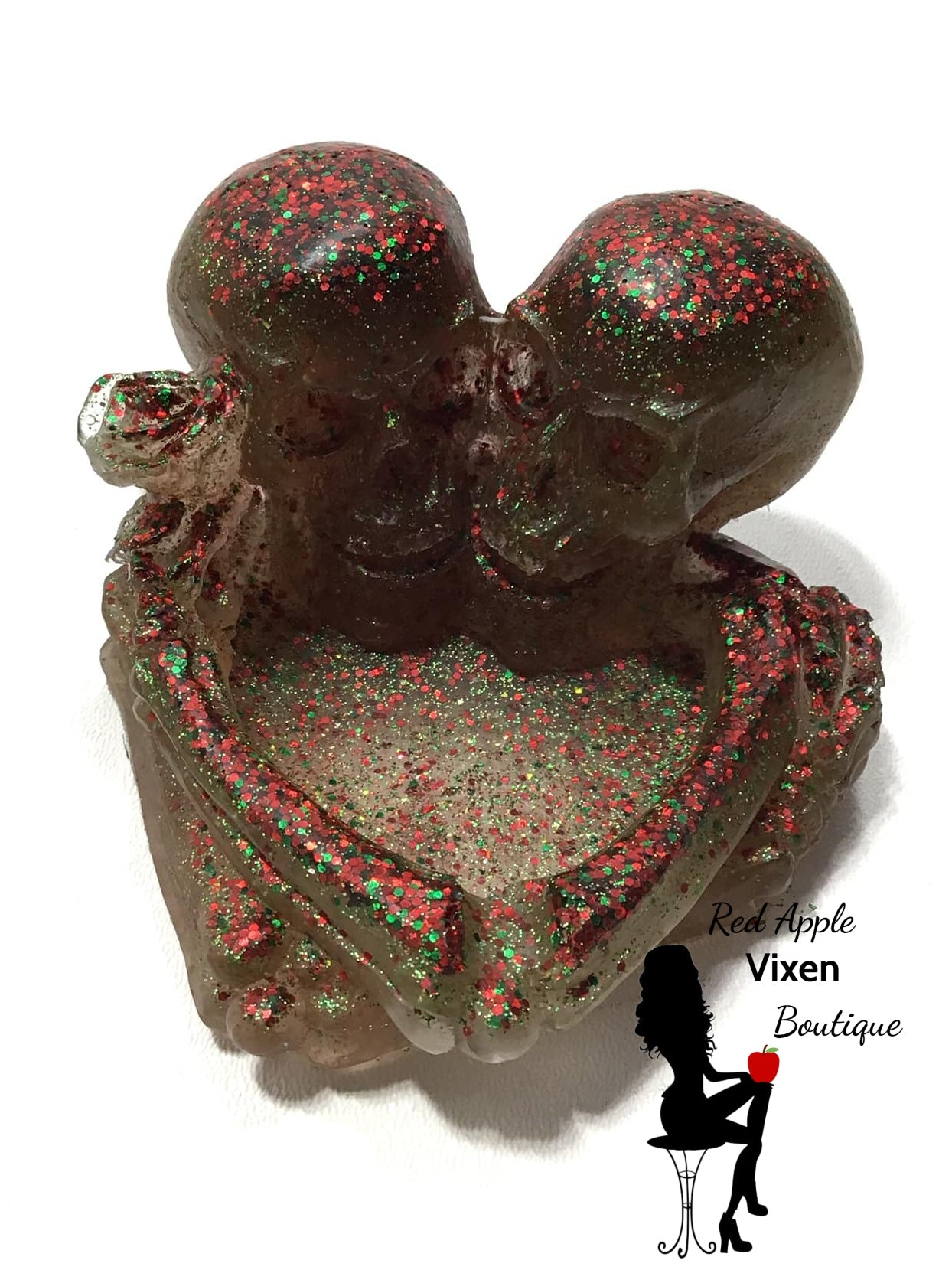 Lightly Red and Green Glitter Skull Rose Tealight Holder - Red Apple Vixen Boutique