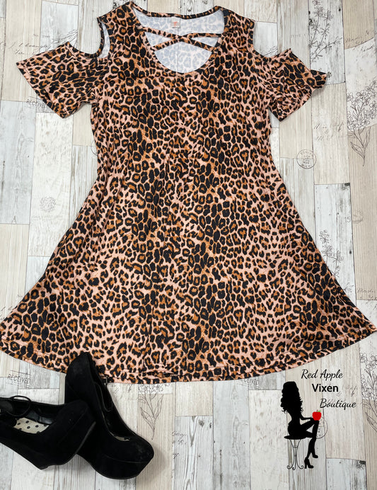 Cold Shoulder Animal Print Dress - Red Apple Vixen Boutique