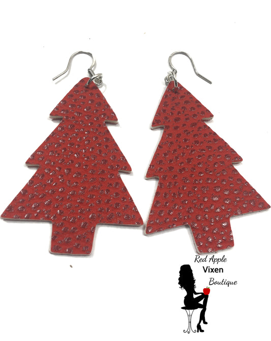 Red Tree Faux Leather Earrings in an ornament - Red Apple Vixen Boutique