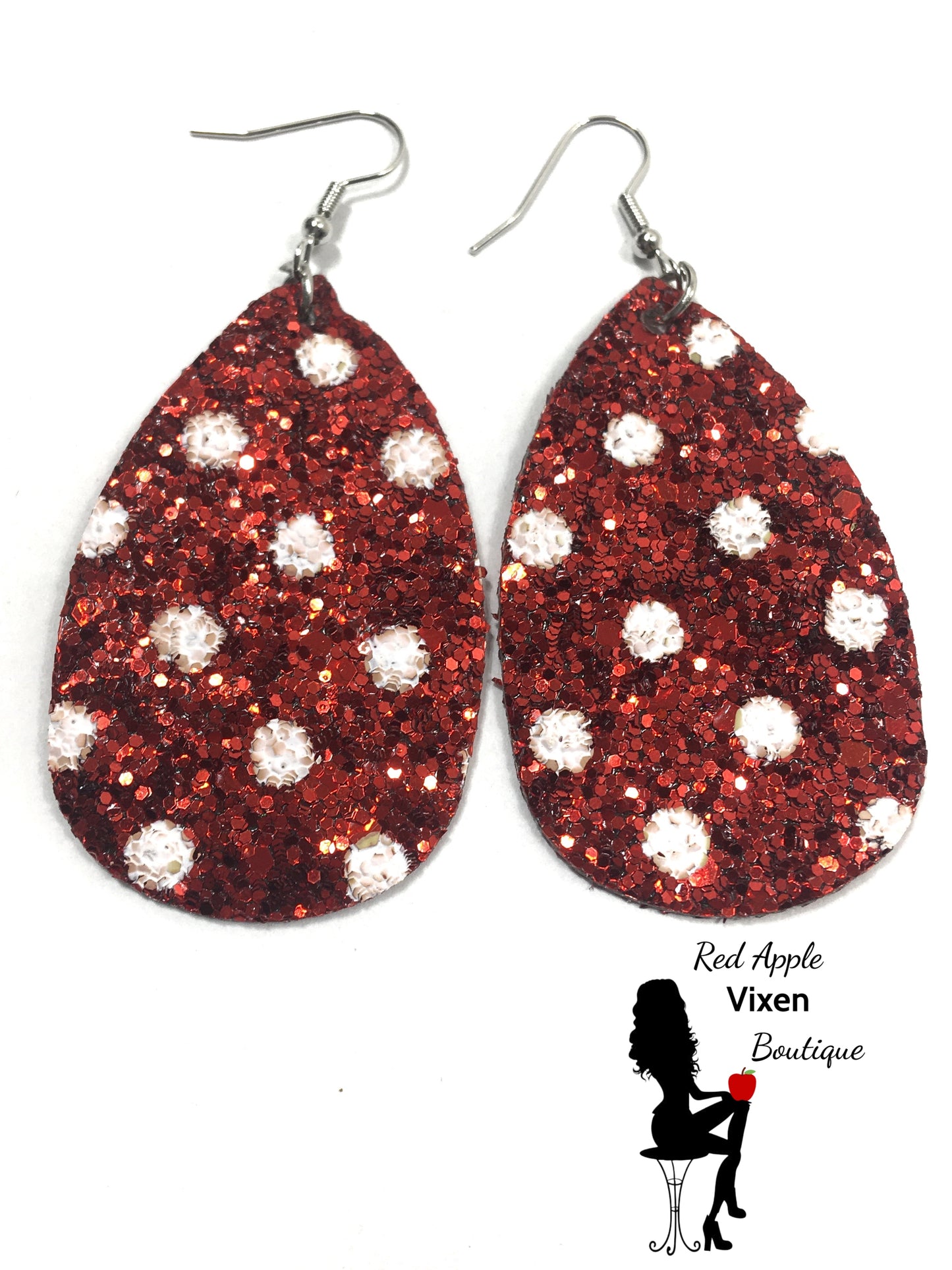 Red and White Polka Dot Glitter Earrings - Red Apple Vixen Boutique