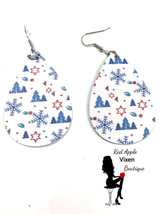 Blue and Red Holiday Print Faux Leather Earrings - Red Apple Vixen Boutique