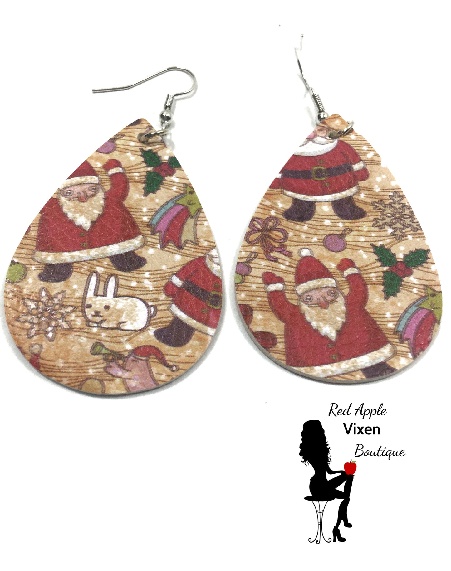 Vintage Santa Print Faux Leather Earrings in an Ornament - Red Apple Vixen Boutique