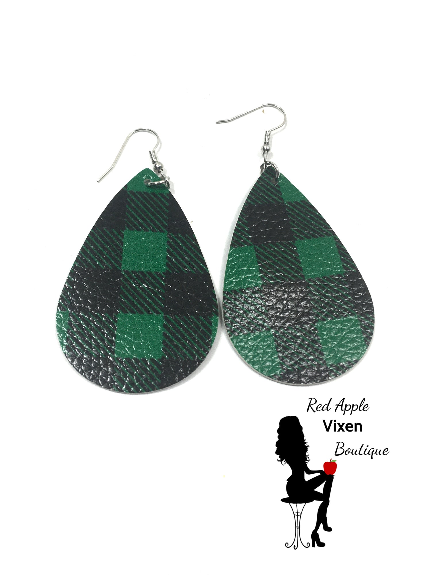 Green and Black Plaid Faux Leather Earrings - Red Apple Vixen Boutique
