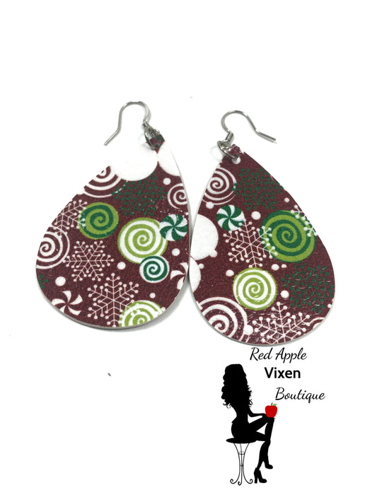 Christmas Swirl Print Faux Leather Earrings in an Ornament - Red Apple Vixen Boutique