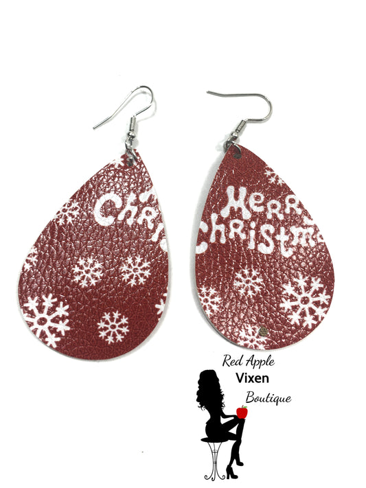 Red Merry Christmas Faux Leather Earrings - Red Apple Vixen Boutique