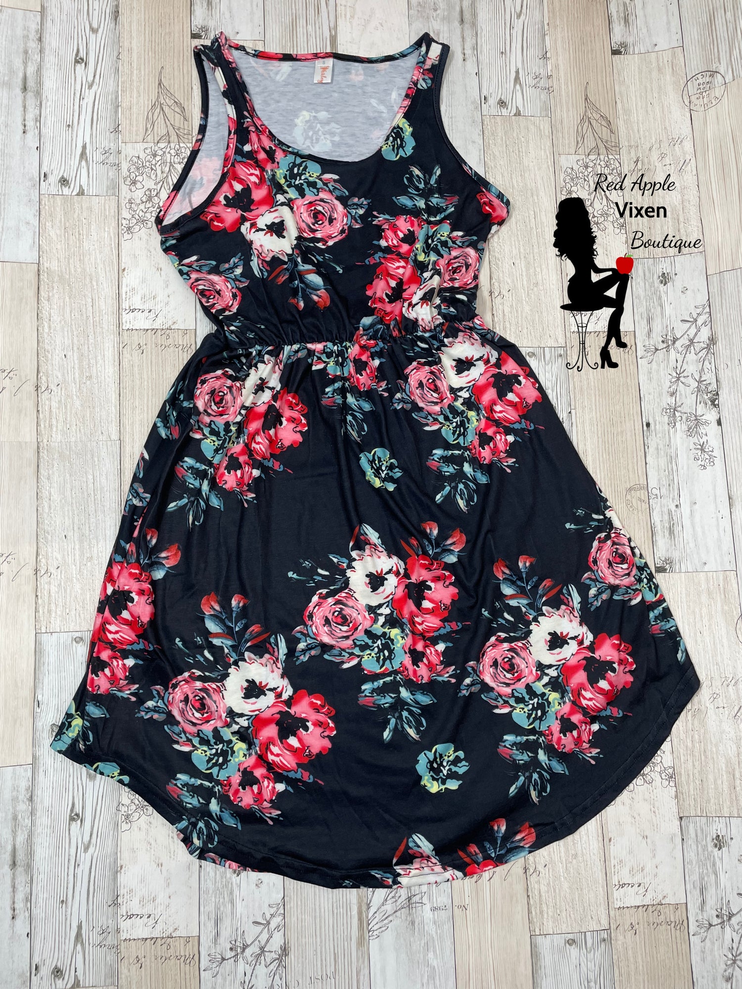 Black Background Floral Sun Dress - Red Apple Vixen Boutique