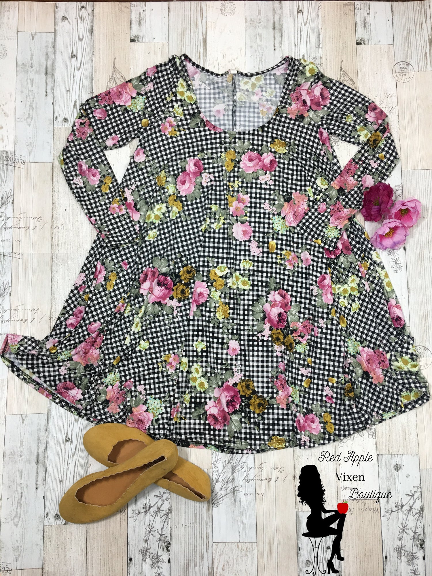 Floral checkered Baby Doll Swing Tunic Dress - Red Apple Vixen Boutique
