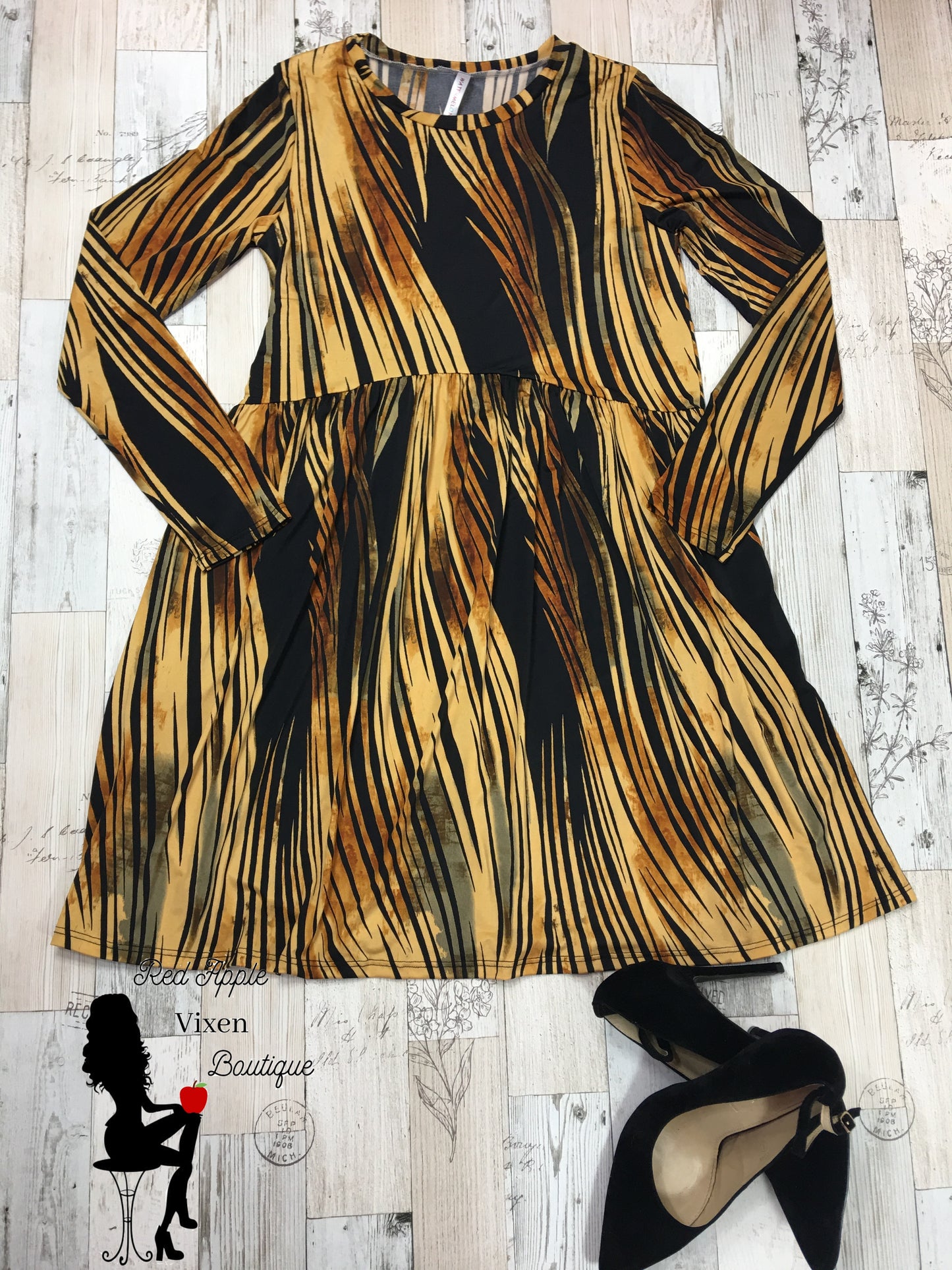 Gold and Black Long Sleeve Dress - Red Apple Vixen Boutique