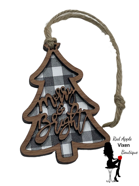 Black & White Buffalo Check Merry & Bright Ornament - Red Apple Vixen Boutique