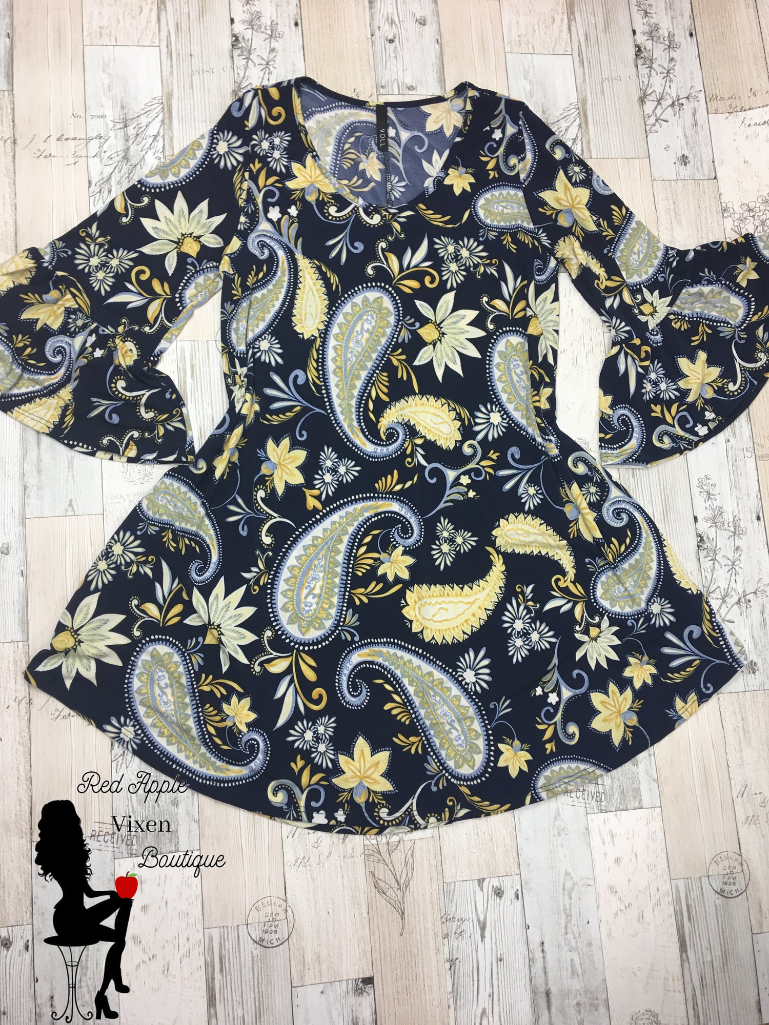 Navy Blue and Yellow Paisley Print Dress - Red Apple Vixen Boutique