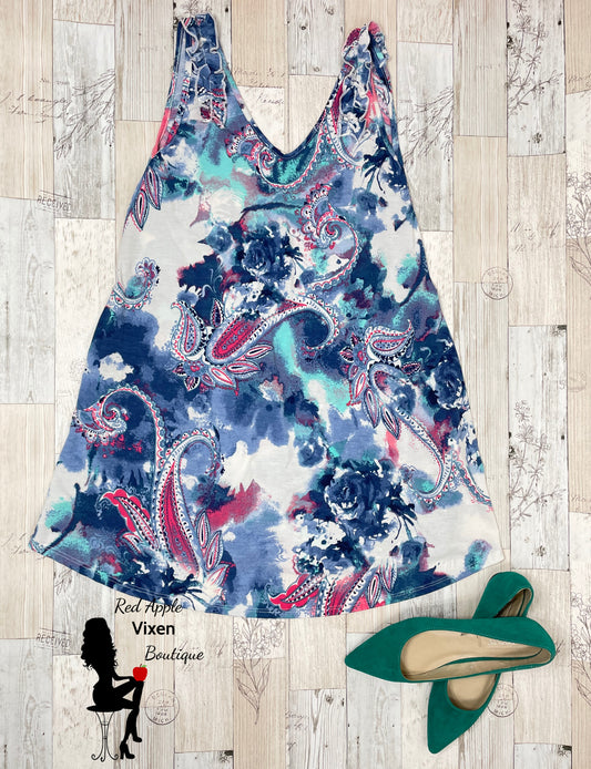 Paisley and Watercolor Sleeveless Dress - Sassy Chick Clothing
