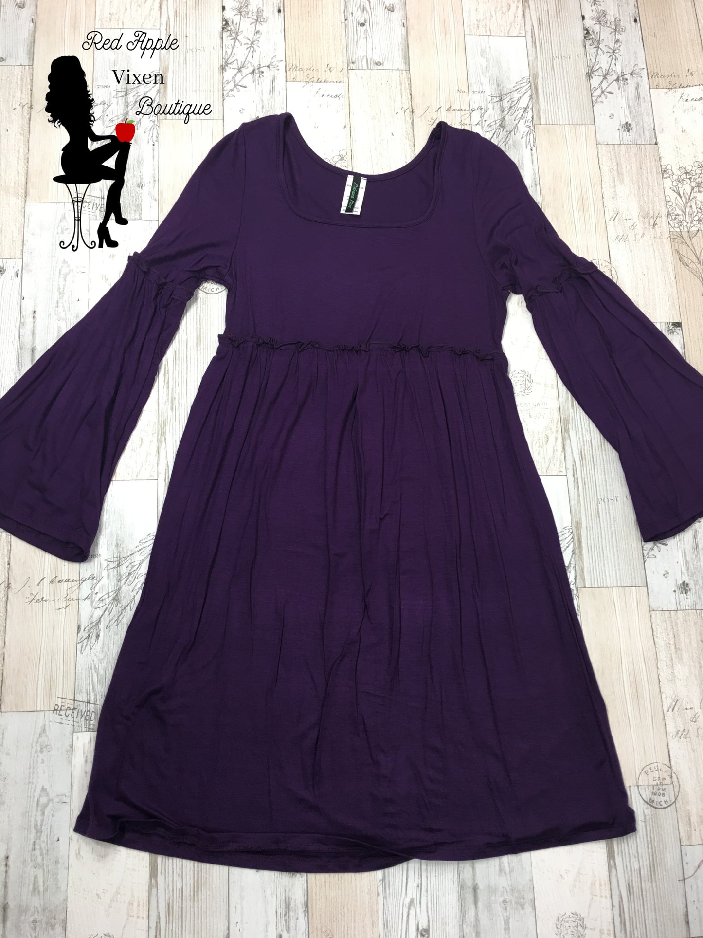 Solid Purple Bell Sleeve Dress - Red Apple Vixen Boutique