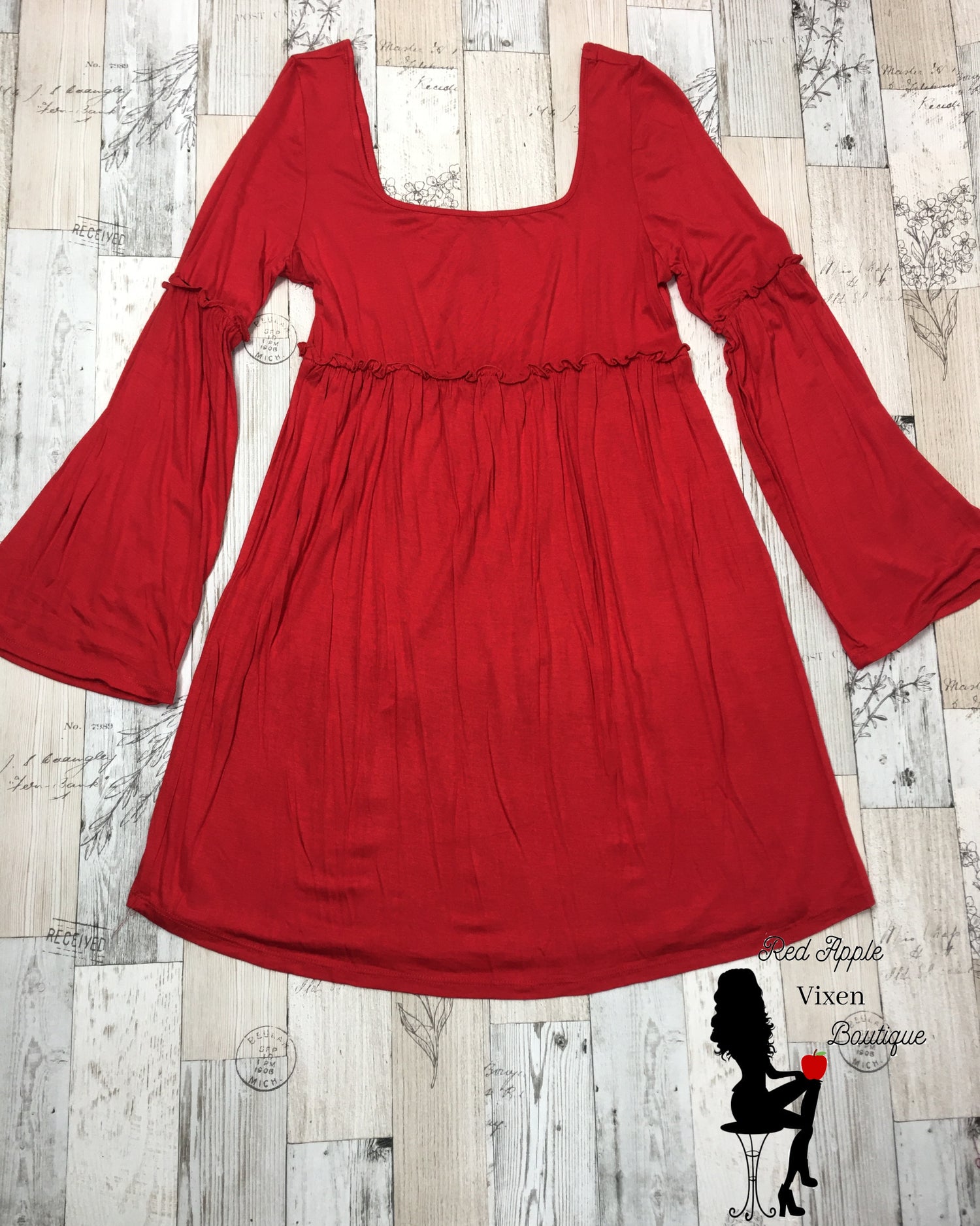 Solid Red Bell Sleeve Dress - Red Apple Vixen Boutique