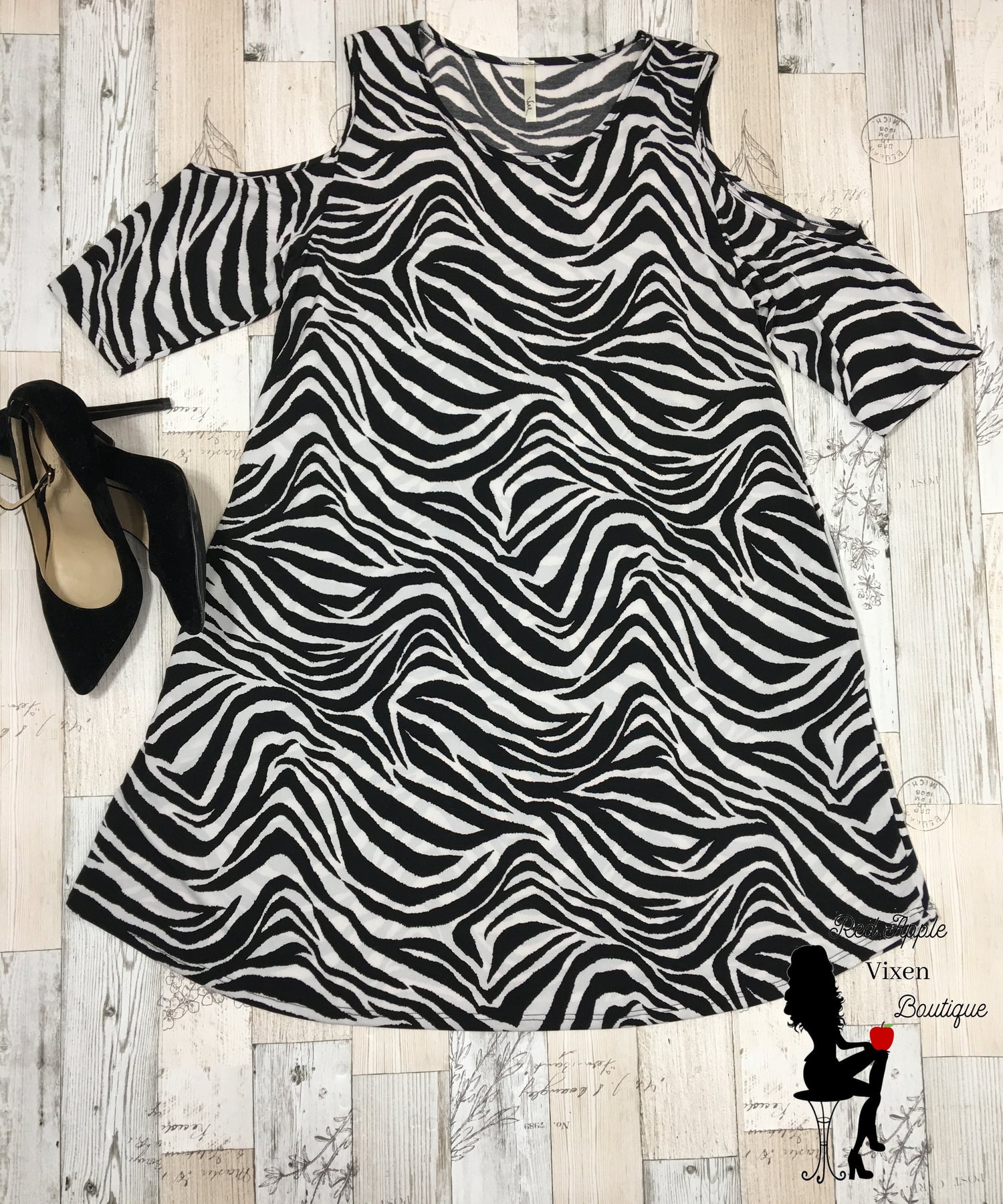 Cold Shoulder Zebra Print Dress - Red Apple Vixen Boutique