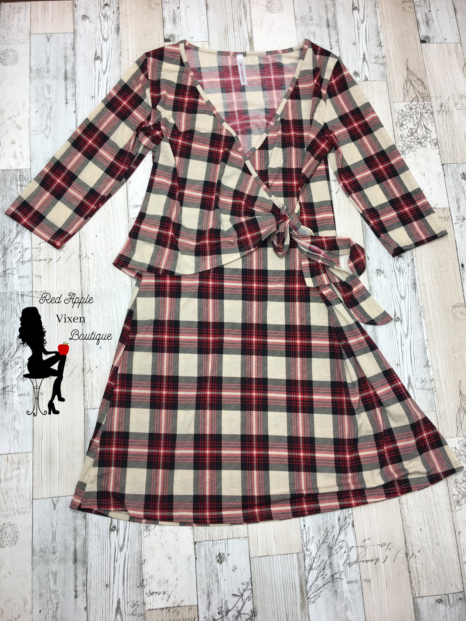 Red and Cream Plaid Wrap Dress - Red Apple Vixen Boutique