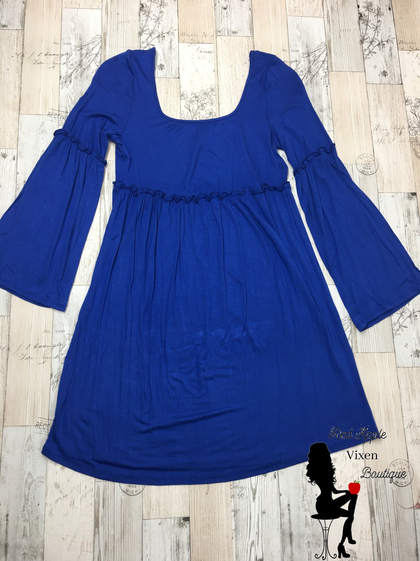 Solid Blue Bell Sleeve Dress - Red Apple Vixen Boutique