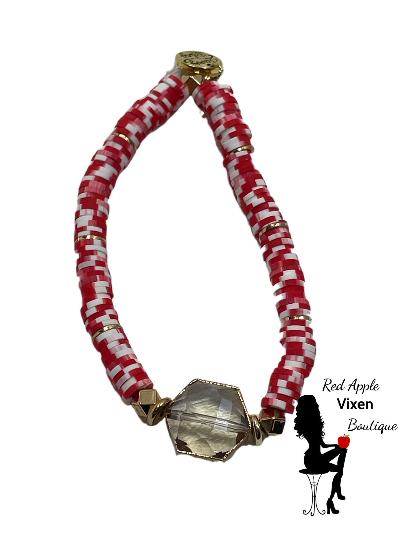 Red & White Christmas Candy Cane Heishi Crystal Glass Encased In 18K Gold Bracelet - Red Apple Vixen Boutique