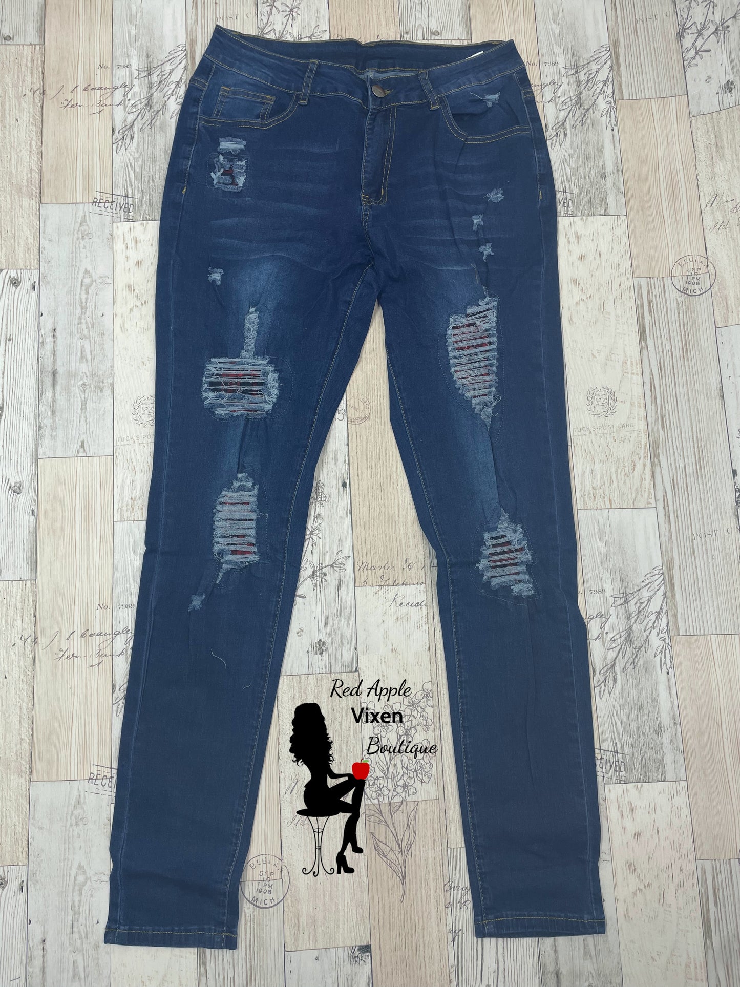 Distressed Skinny Jeans with Plaid Patches - Red Apple Vixen Boutique