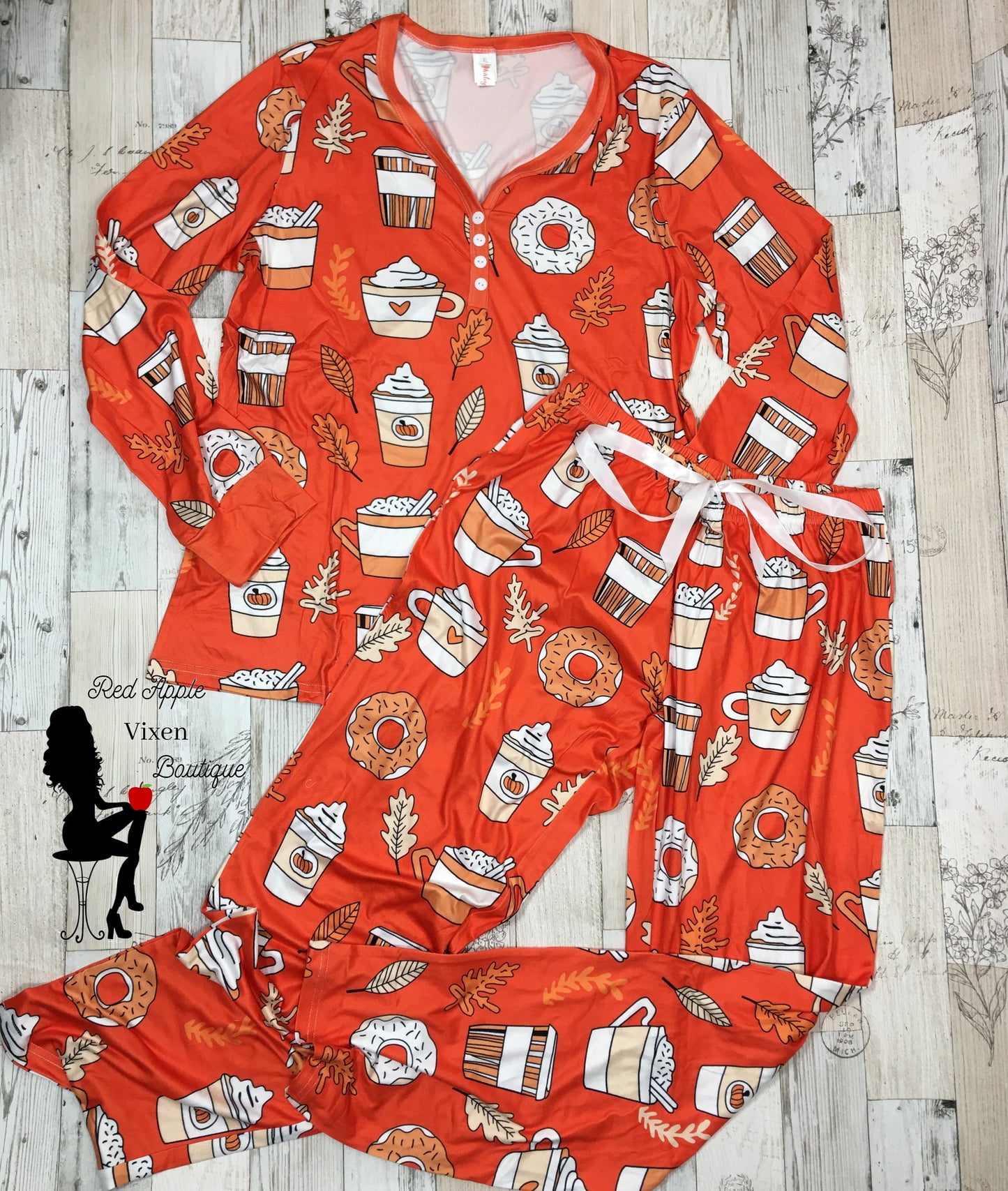 Pumpkin Spice Print Pajamas Set - Red Apple Vixen Boutique
