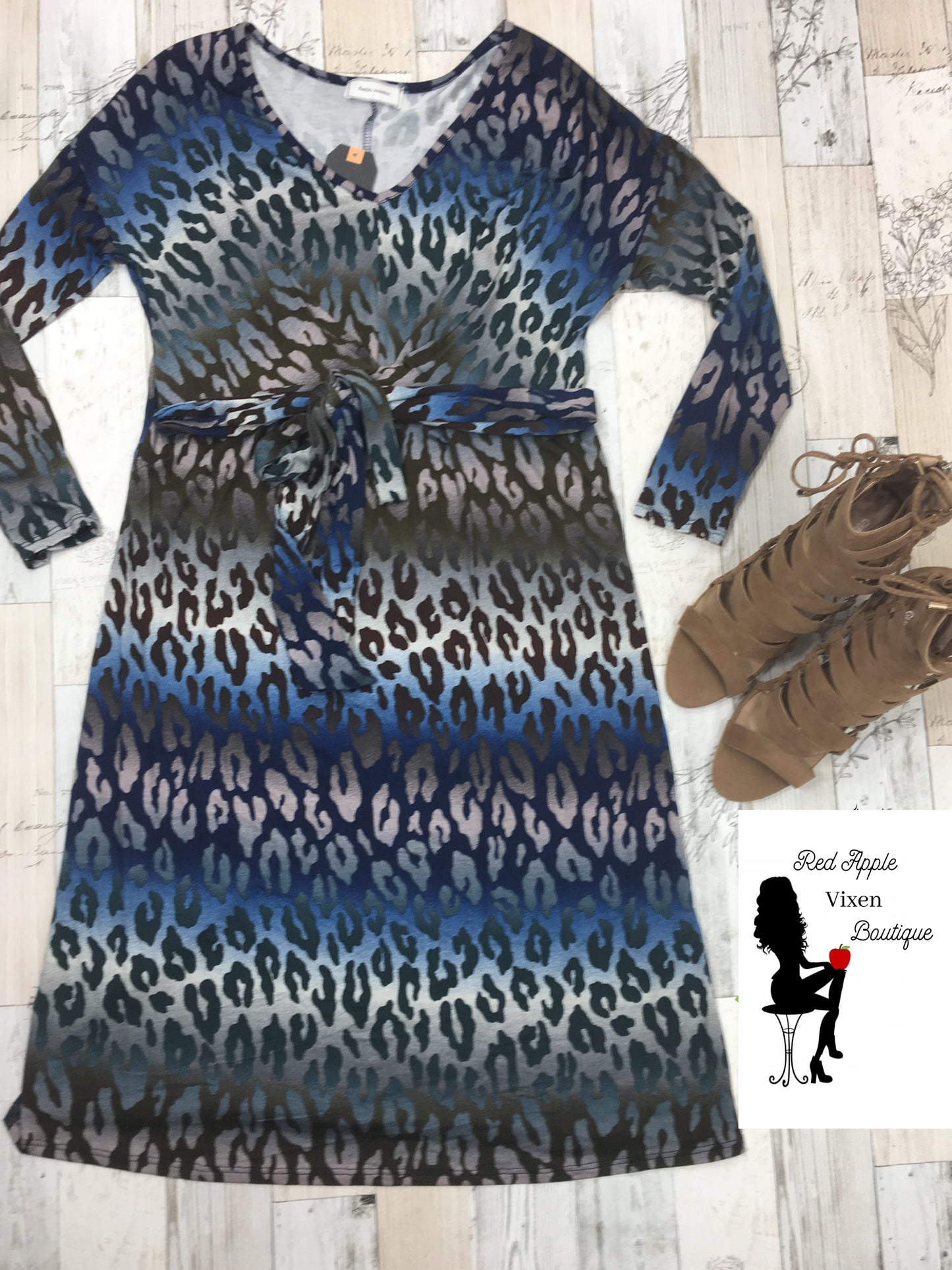 Olive and Navy Long Sleeve Animal Print Dress - Red Apple Vixen Boutique