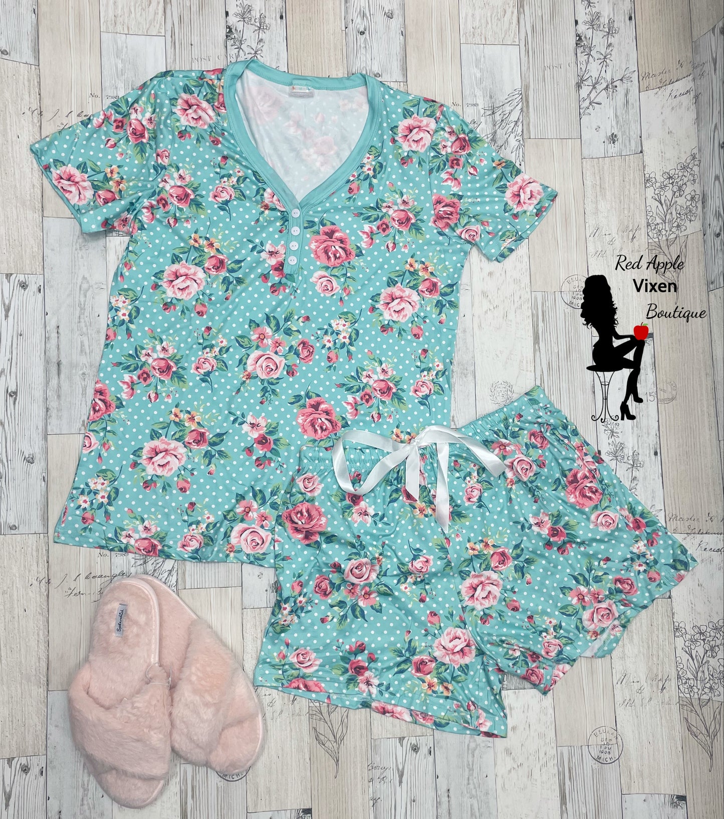 Mint Polka Dot and Pink Rose Print Pajamas - Sassy Chick Clothing