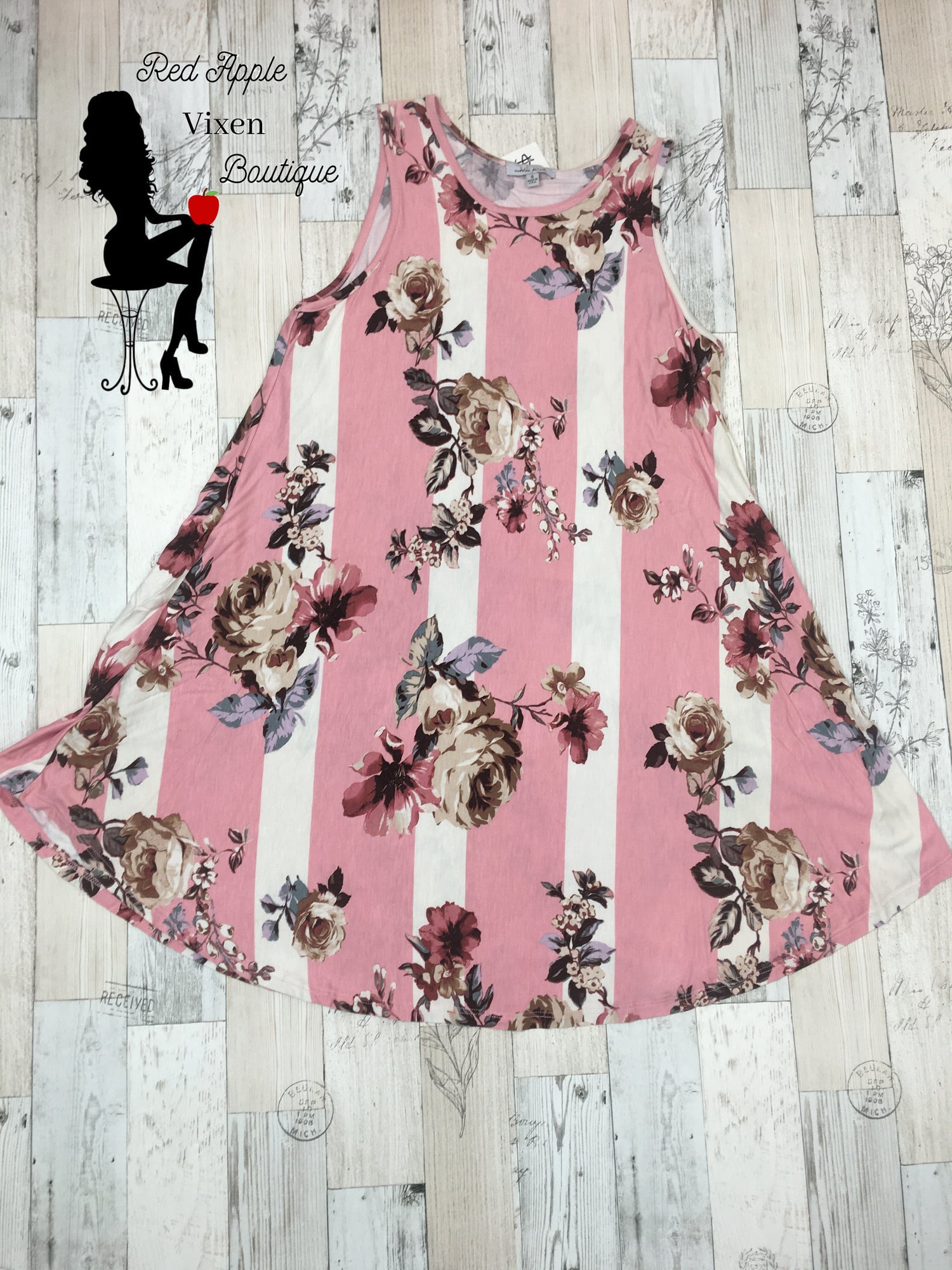 Floral & Stripe Sleeveless Dress - Red Apple Vixen Boutique