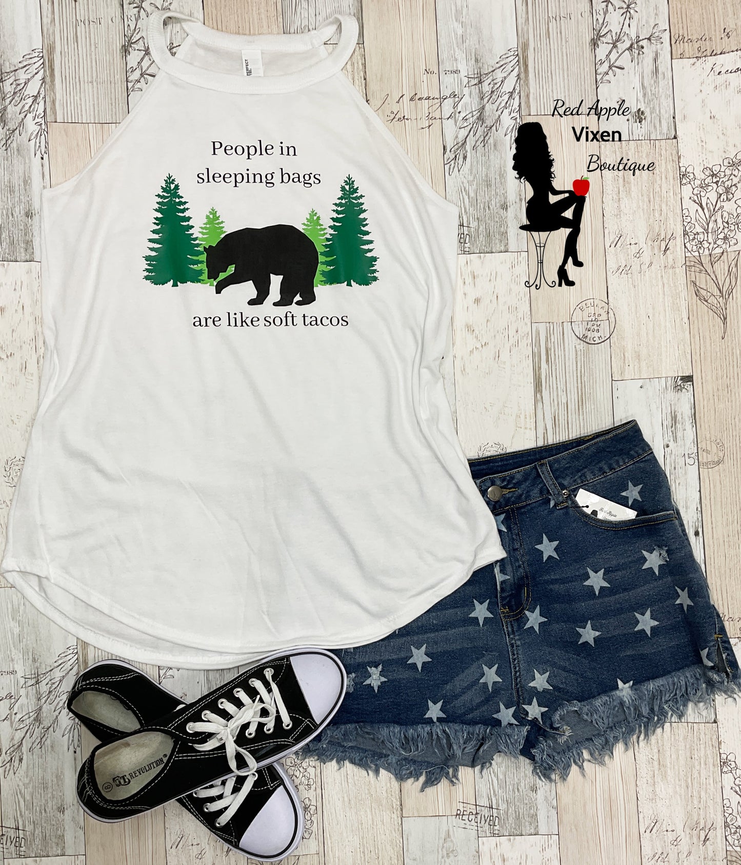 People in Sleeping Bags are Like Soft Tacos Graphic Rocker Tank Top White - Sassy Chick Clothing
