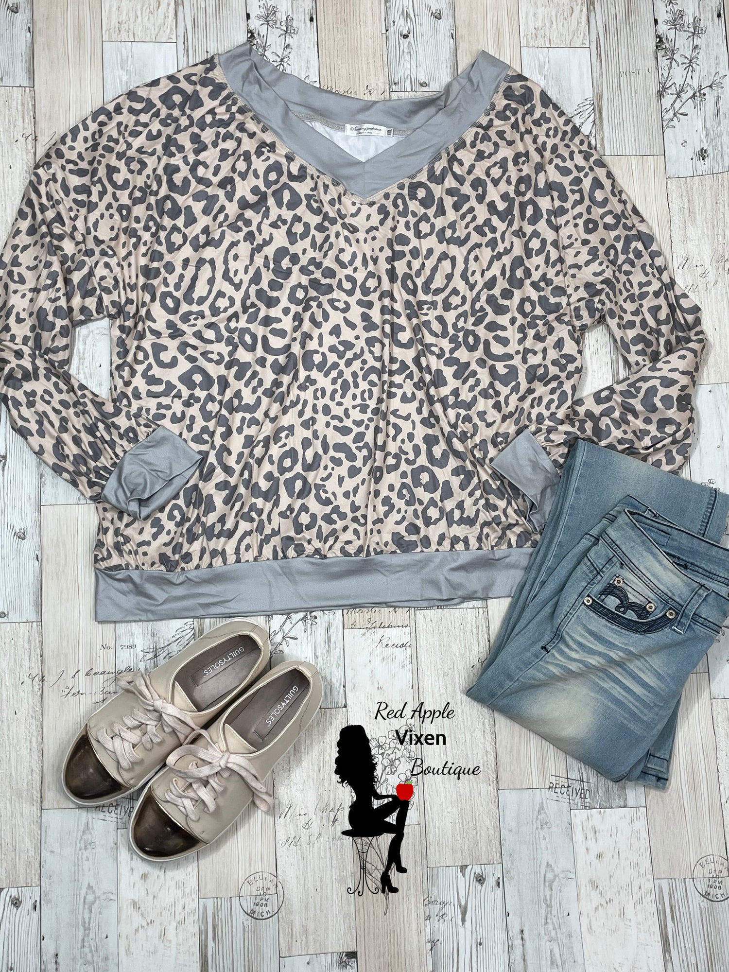 Grey and Peach Leopard Print Sweatshirt - Red Apple Vixen Boutique