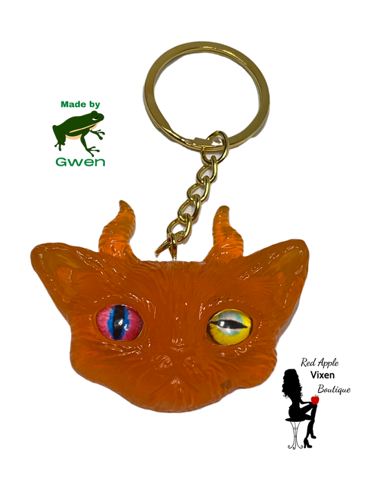 Horned Cat Head Resin Key Chain - Red Apple Vixen Boutique