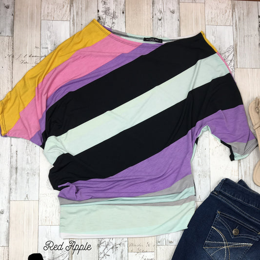 Unbalanced Boat Neck Tunic Lilac Stripe - Sassy Chick Clothing