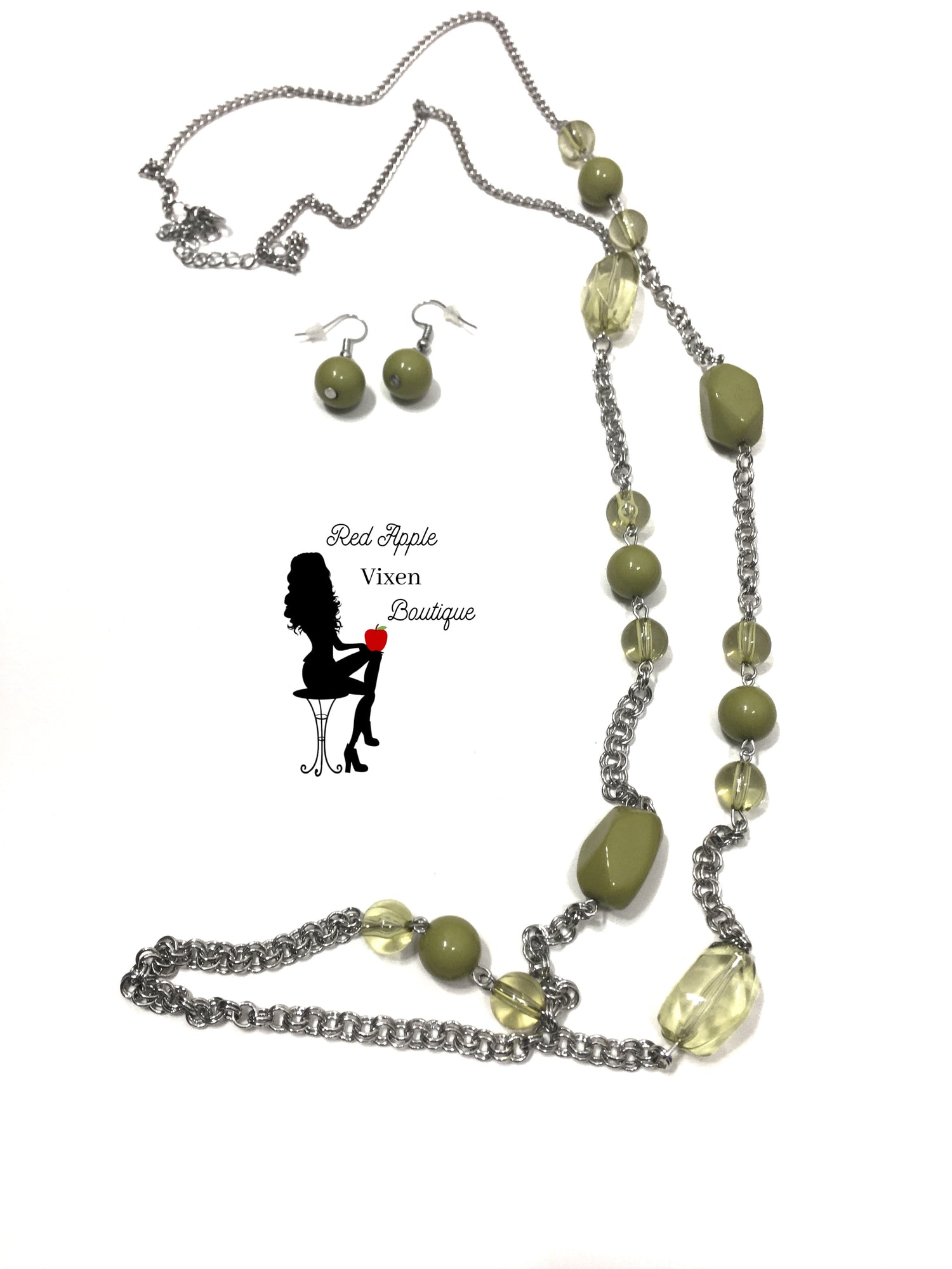 Long Green Beaded Necklace and Matching Earrings - Red Apple Vixen Boutique