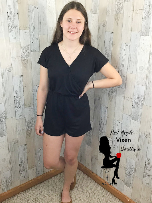 Black Short Sleeve Romper - Red Apple Vixen Boutique