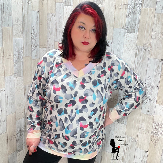 Animal Print and Tie Dye Sweatshirt in sizes regular and Plus Red Apple Vixen Boutique