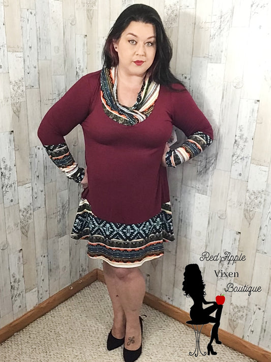 Burgundy and Aztec Print Dress - Red Apple Vixen Boutique