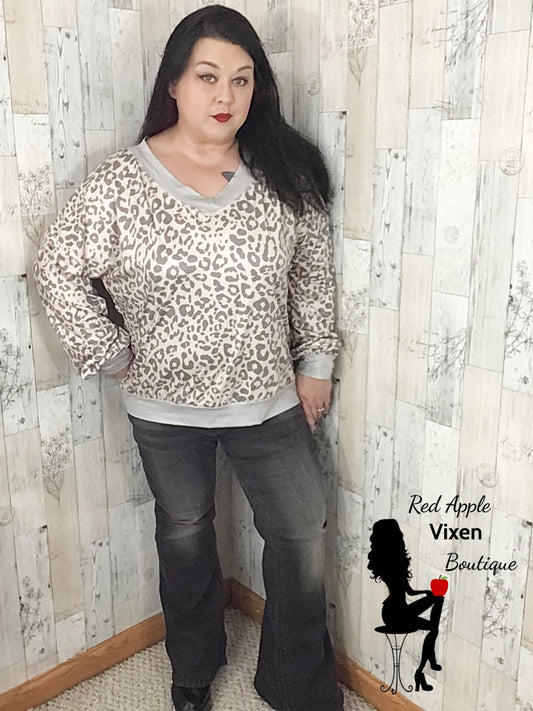Grey and Peach Leopard Print Sweatshirt - Sassy Chick Clothing
