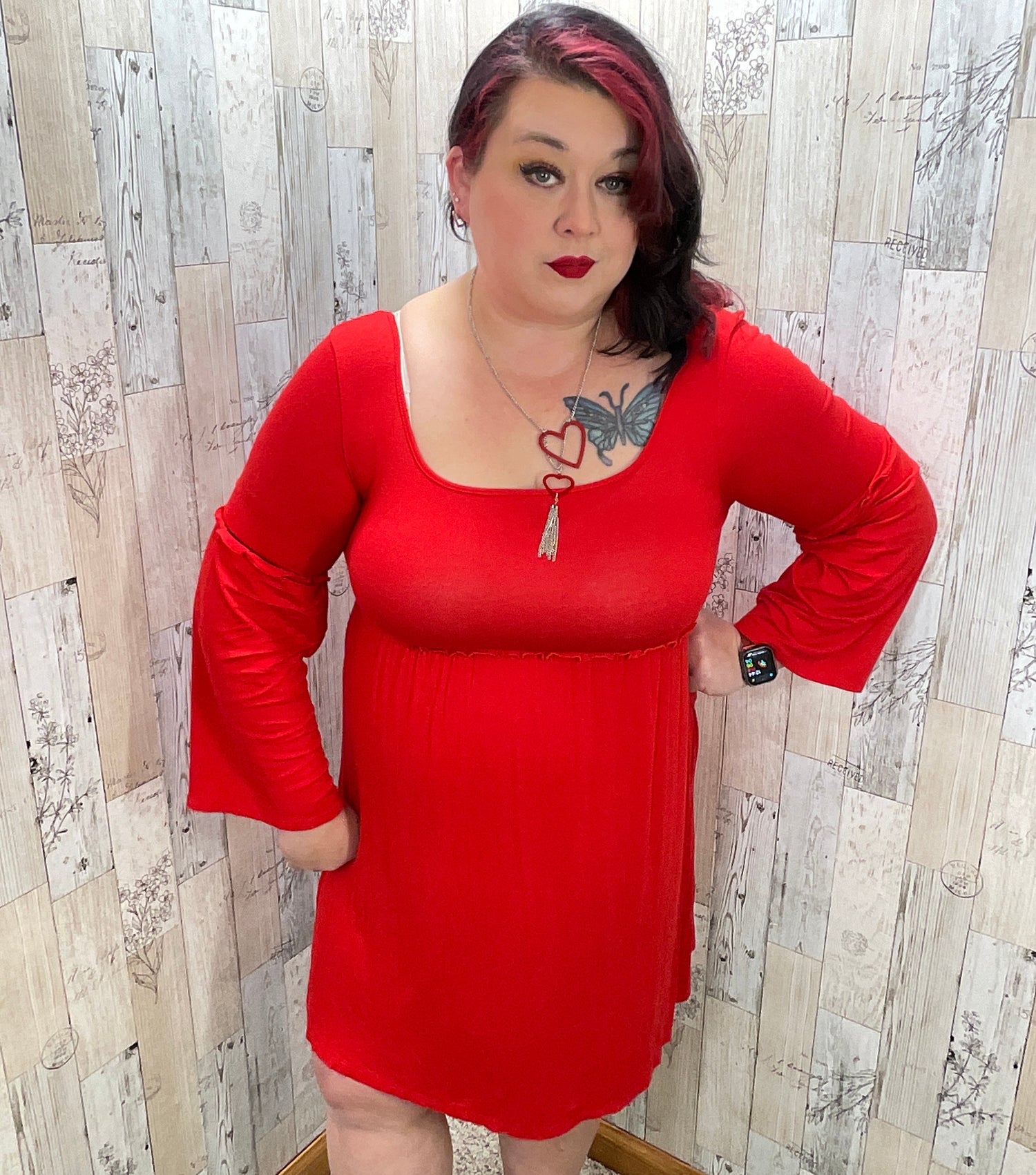 Solid Red Bell Sleeve Dress - Sassy Chick Clothing