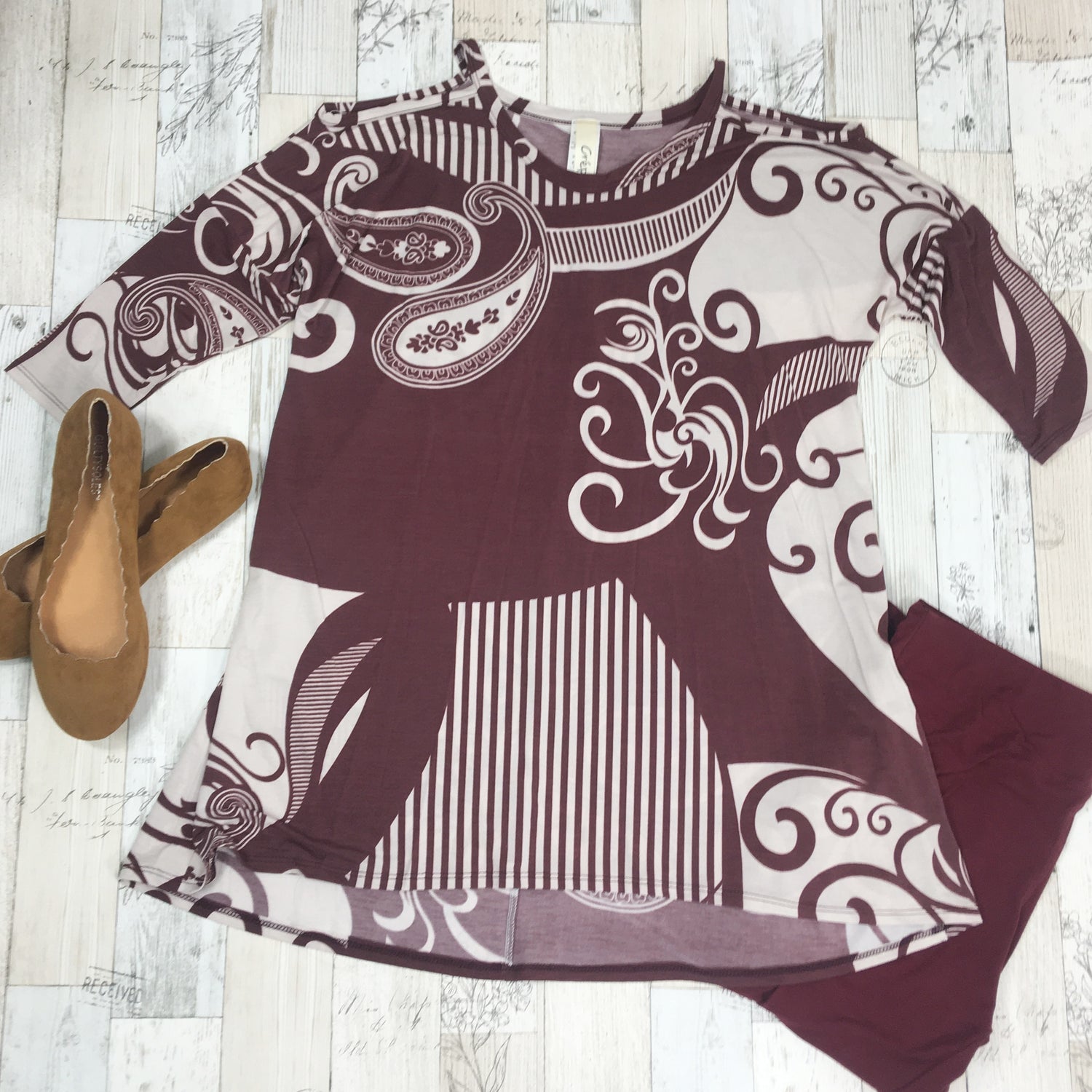 Muted Burgundy Paisley Cold Shoulder Top - Sassy Chick Clothing