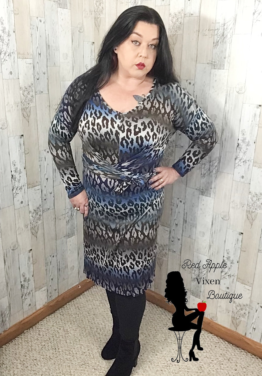 Olive and Navy Long Sleeve Animal Print Dress - Red Apple Vixen Boutique