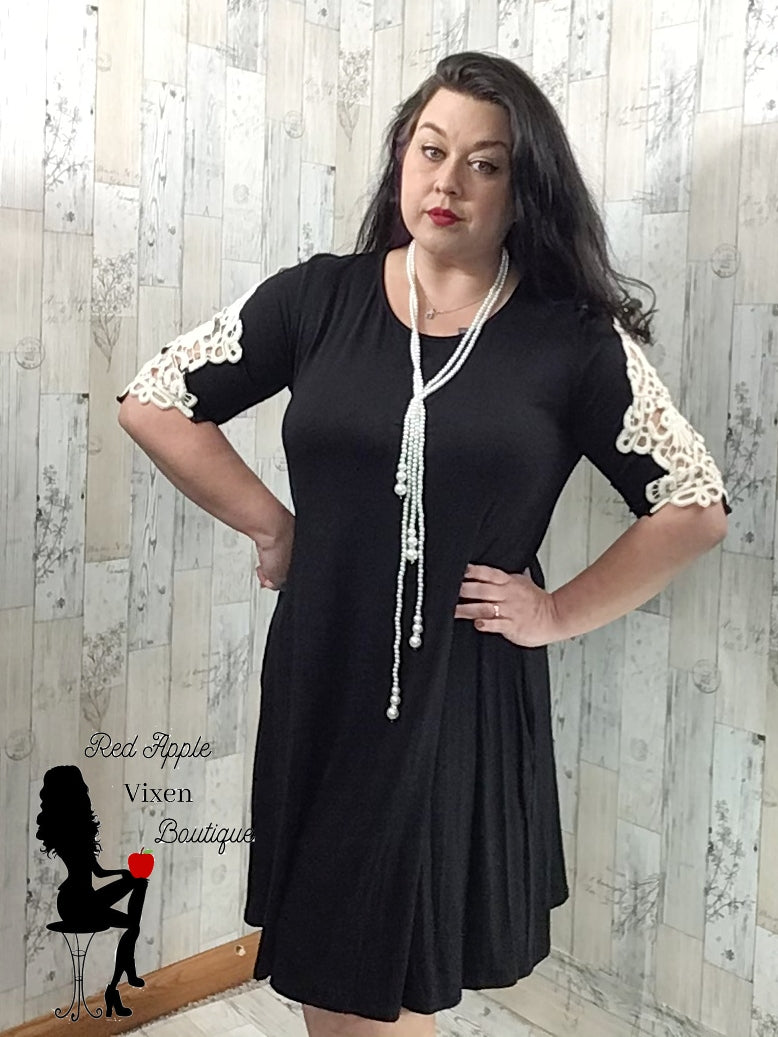 Solid Black Dress with Lace Cut Out Three Quarter Length Sleeves - Red Apple Vixen Boutique