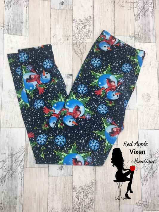 Christmas Snowman on Blue Background Leggings - Red Apple Vixen Boutique